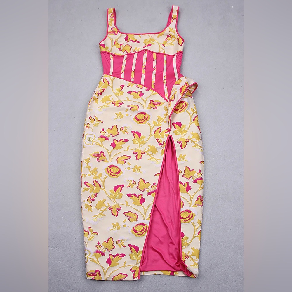 New  Women's Spaghetti Strap  Midi Split Jacquard Dress Elegant
